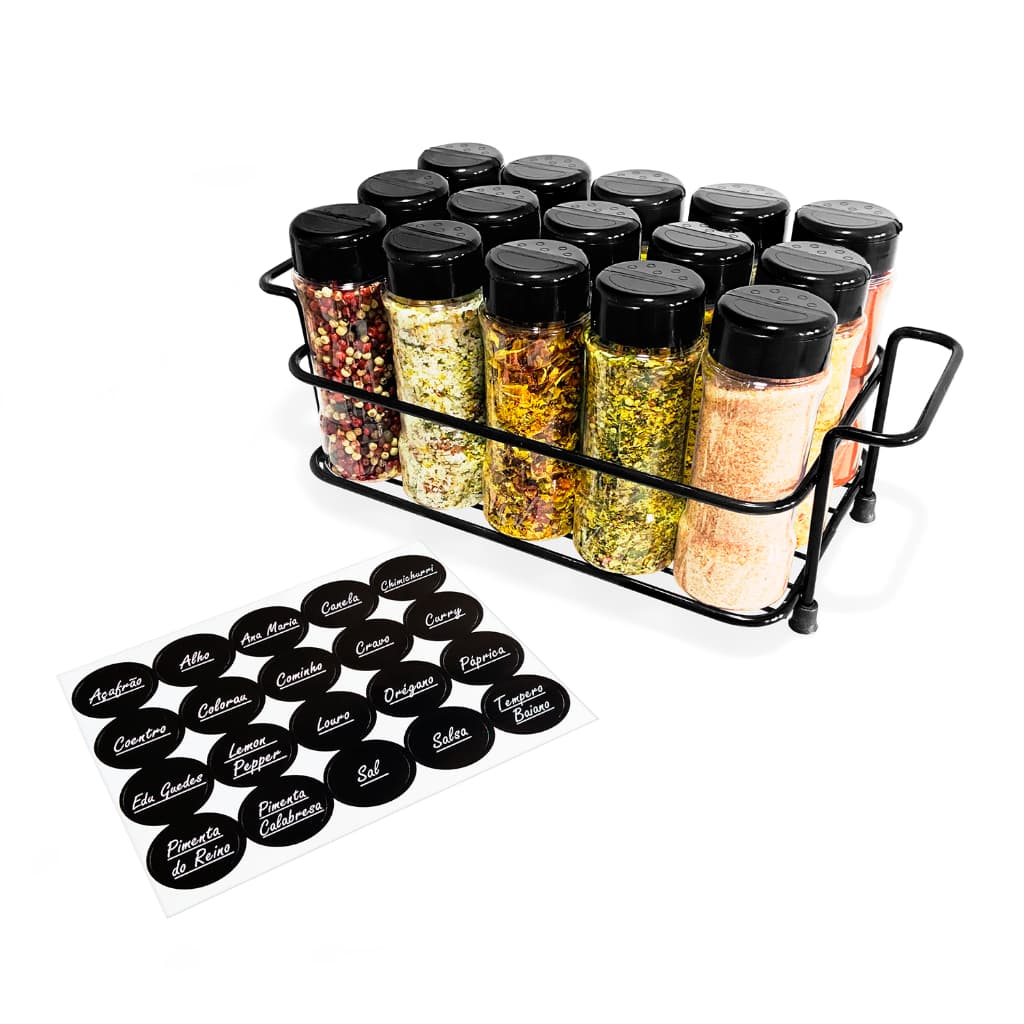 Kit de 15 Potes de Temperos Condimentos + 1 Suporte de Ferro Preto + Etiquetas