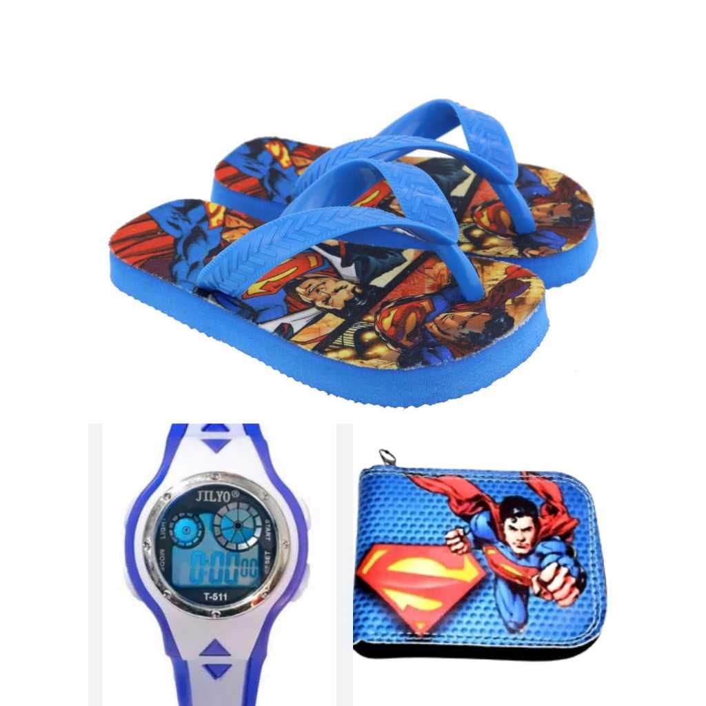 Chinelo , carteira e relógio digital com led e cronometro infantil masculino do superman , kit 3 em1 lancamento,