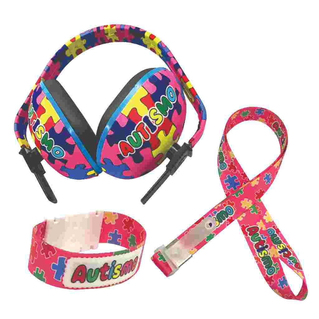 Kit Autismo Abafador Protetor De Ouvidos Acolchoado Cordão E Pulseira Quebra Cabeça ROSA