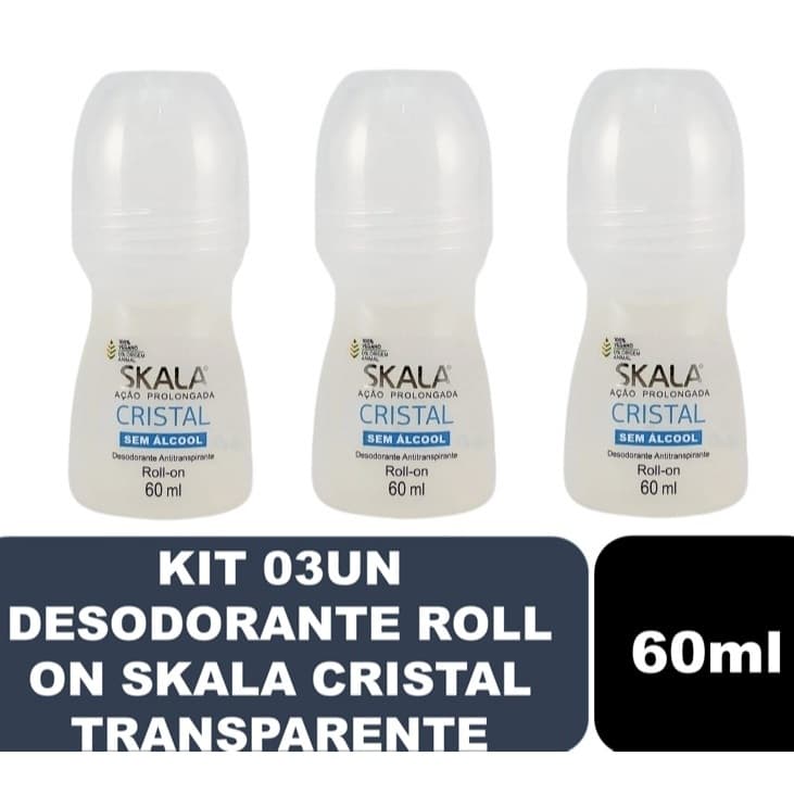Kit 03un Desodorante Roll-On 60ml Skala Cristal Sem Álcool - Transparente
