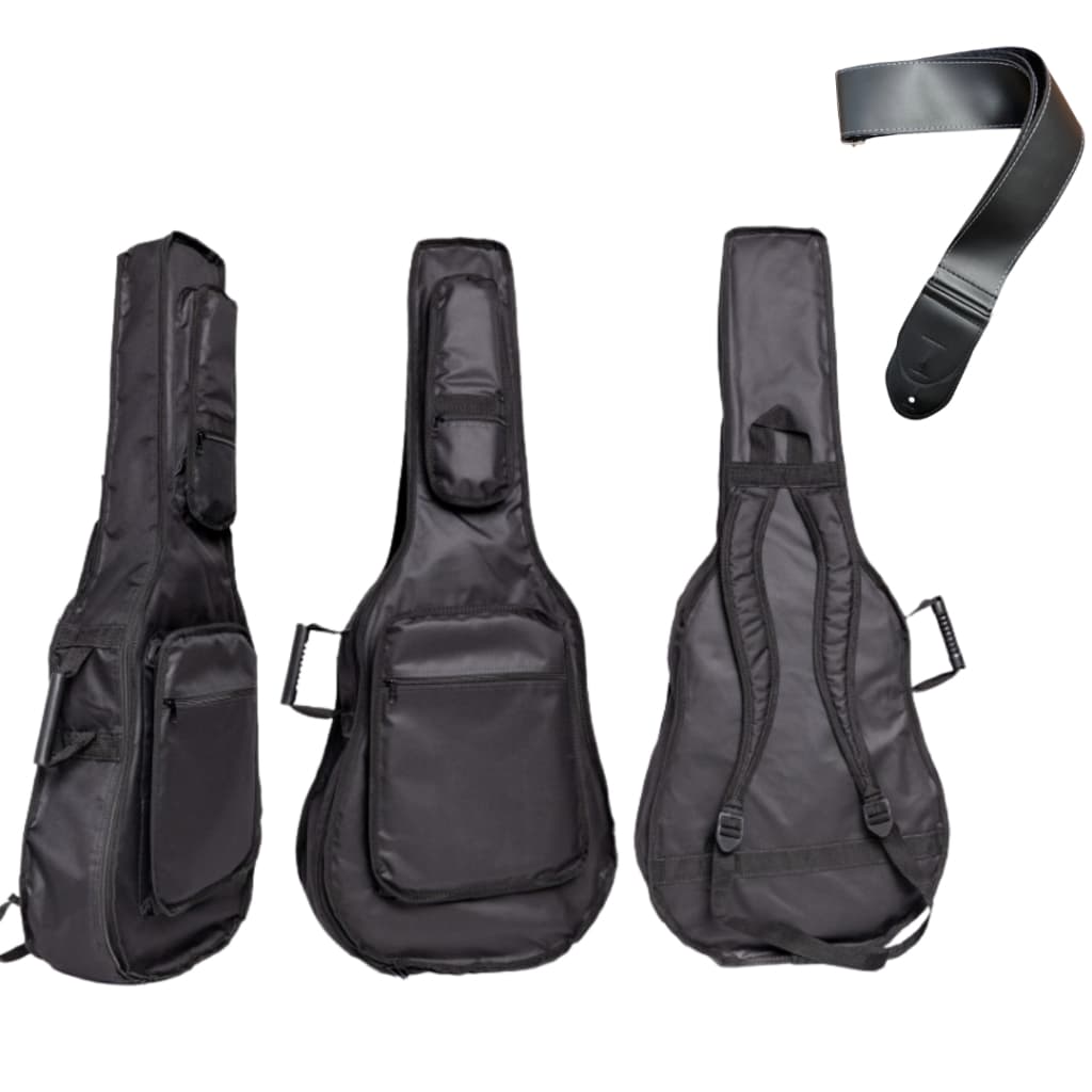 Kit Capa Violão Clássico/Folk - Premium bolso cargo + Correia de Couro Sintético Preta Marrom