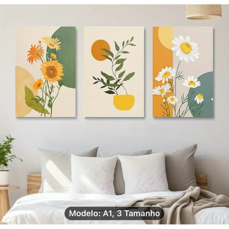 Kit 3 Quadro decorativo moderno estampa floral girassol 3 peças Arte exclusiva Lançamento decoração