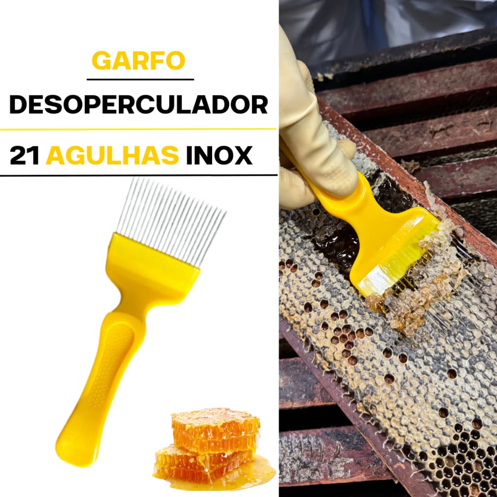 Garfo Desoperculador Inox Mel Abelha 21 Agulhas Remover Cera Abrir Favos Ferramenta Apicultura