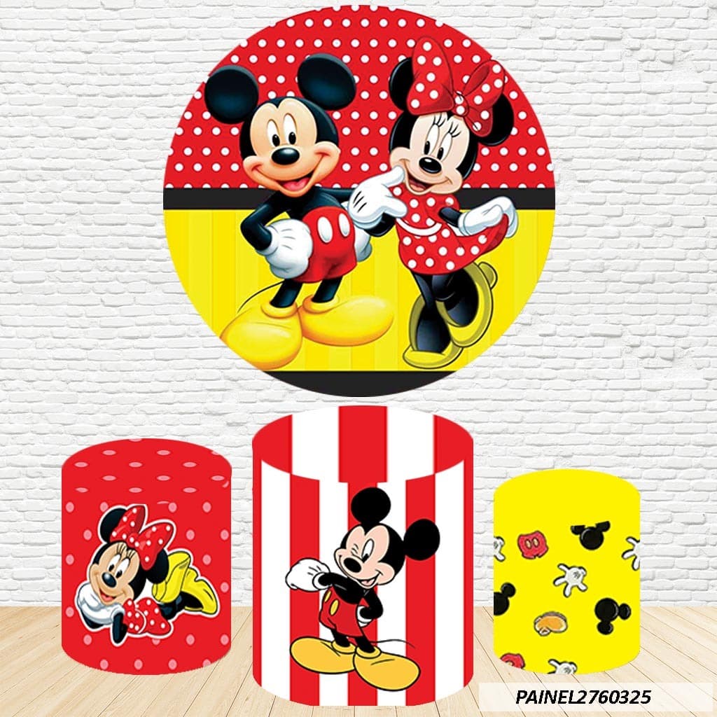 Kit de Capas Painel Redondo Sublimado Mickey e Minnie 1,50M + Trio Capas de Cilindro C/Elástico