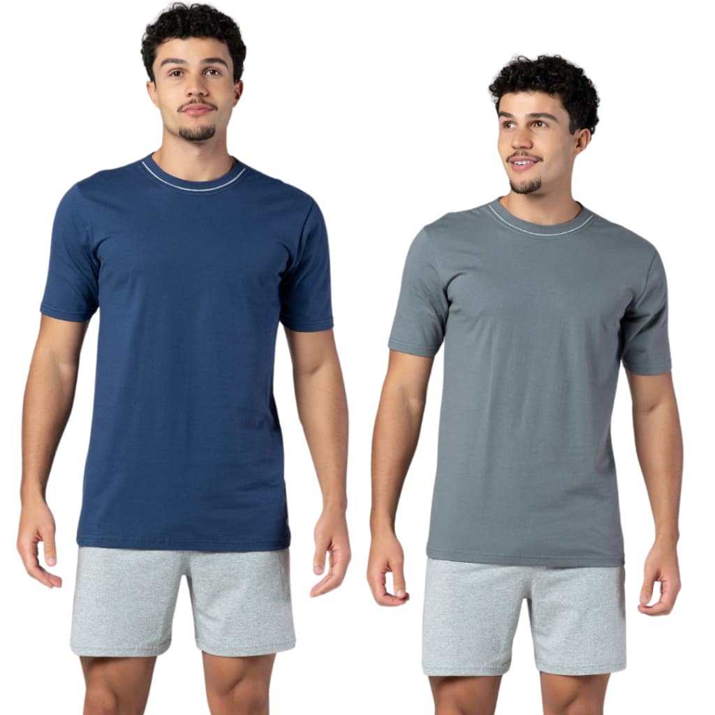 Kit 2 Pijamas Masculino Verão Manga Curta Shorts Curto Gola Redonda 100% Algodão Keeper
