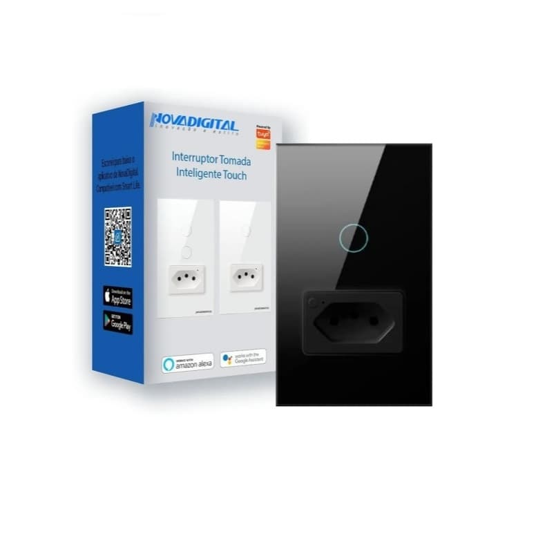Interruptor Novadigital Wifi Inteligente 1 Botão Touch + 1 Tomada Preto Compatível Alexa e Google