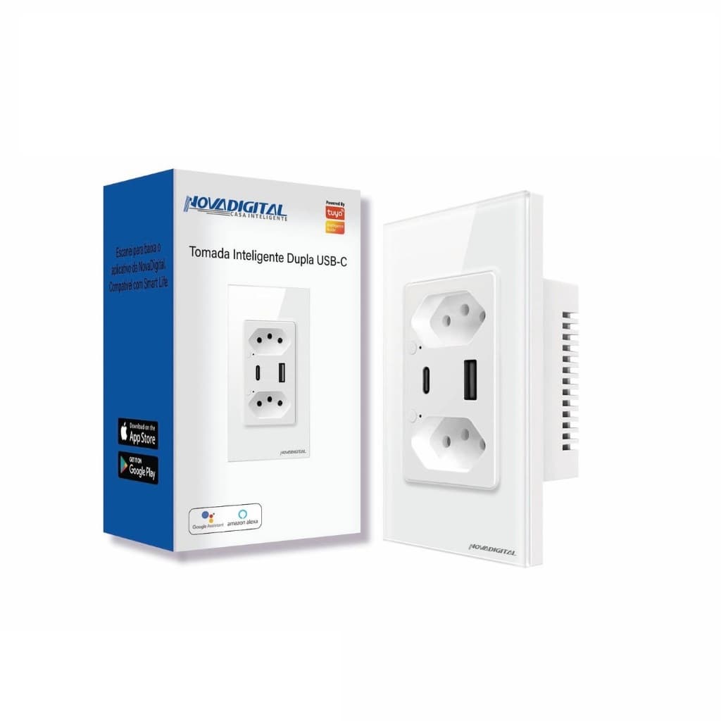 Tomada Novadigital Dupla + Usb Wifi Alexa Google Tuya 4x2 Inteligente