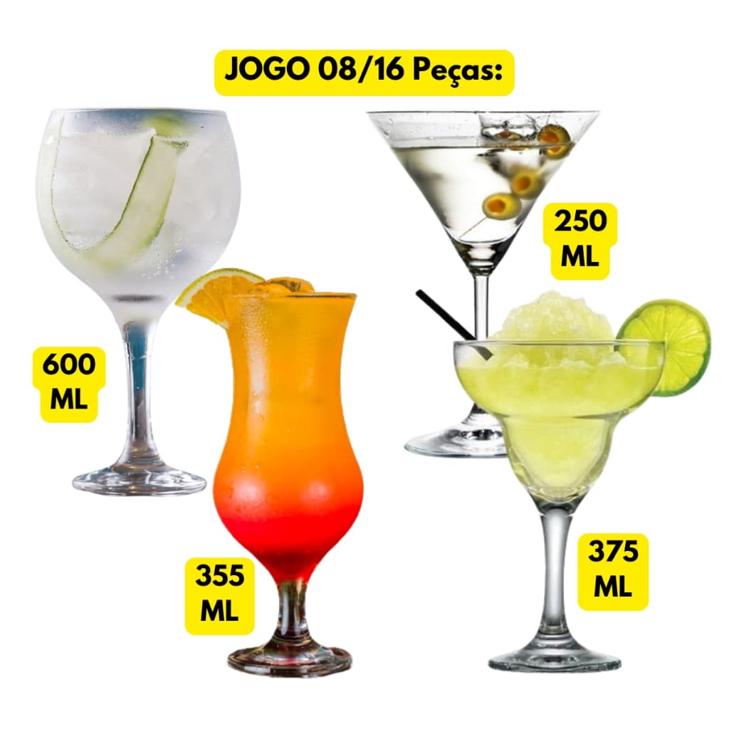 Jogo Kit 08/16 Taças Vidro Gin Tonica 600ML + Margarita 375ML + Martini 250ML + Coquetel 355ML
