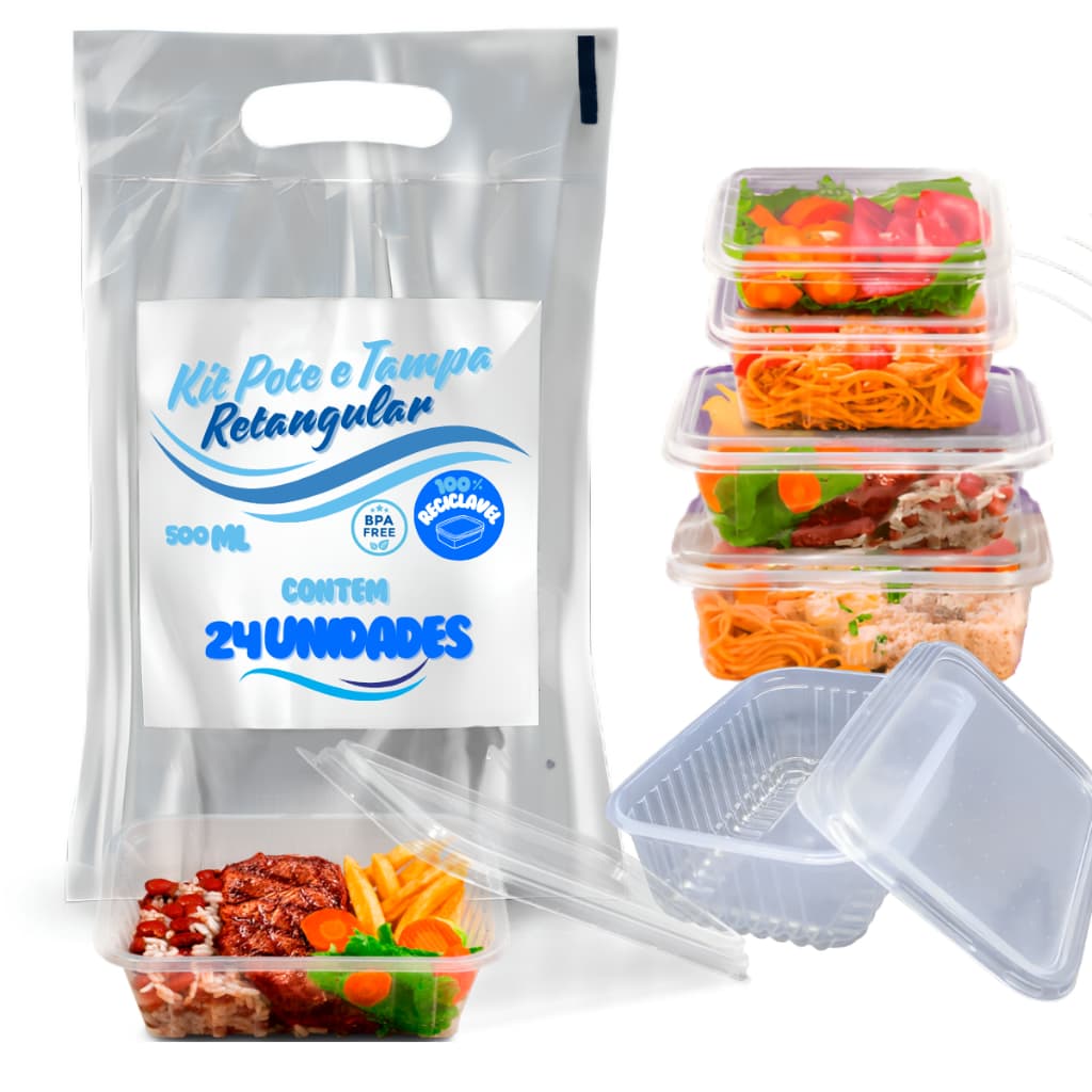 Kit 24 Unid. Pote Plastico Retangular Descartável 500 ml Microondas Freezer Marmita Fit