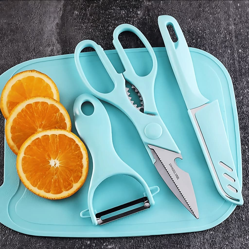 Kit Utensílios de Cozinha 4 Peças Faca Tesoura Descascador Inox + Tábua Culinária