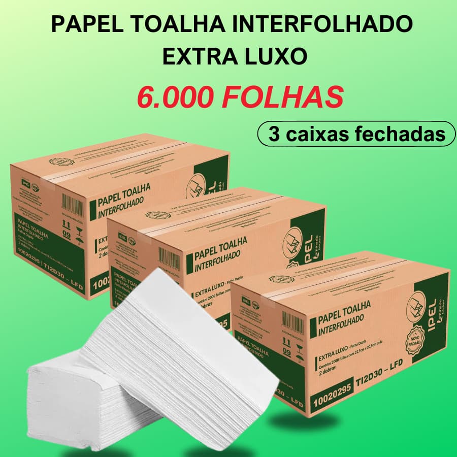 6.000 FOLHAS Papel Toalha Interfolha Extra Luxo FOLHA DUPLA Ipel - 3 CAIXAS FECHADAS