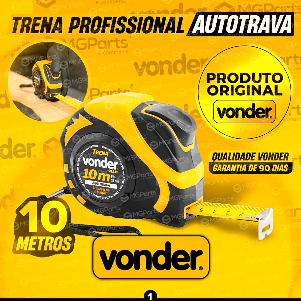 Trena Métrica Autotrava 10 Metros Vonder Plus Profissional Aço Fita Com Alça 25mm Suporte para Cinto