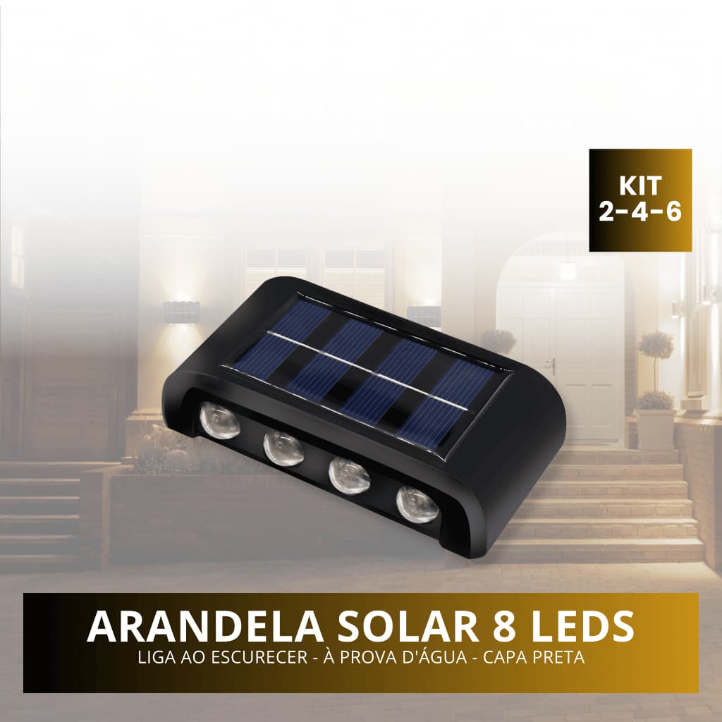 Kits Luminária Led Solar Arandela Parede 8 Leds 8s Jardim Luz Quente 3000k