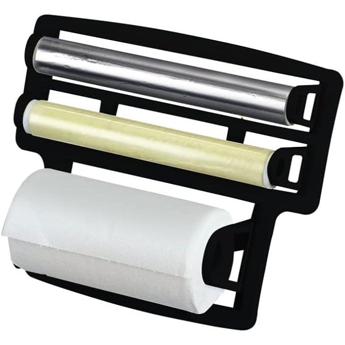 Porta Rolo Suporte Parede Cozinha 4 em 1 Papel Toalha, Alumínio, Filme PVC e 2 Ganchos para Talheres