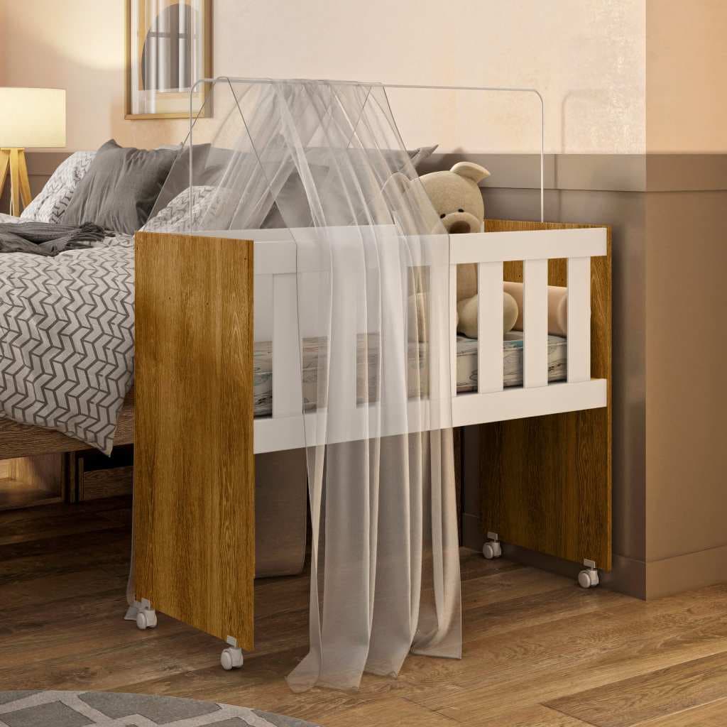 Mini Berço Multiuso 100% MDF com Colchão - Branco/Amadeirado