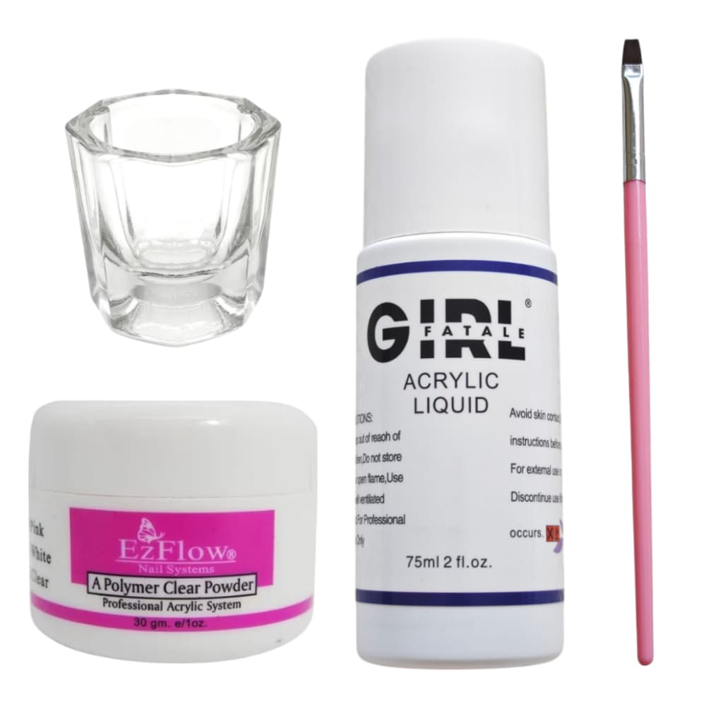 Kit Profissional para Unhas Acrílicas – Monomer + Pó Acrílico + Pincel + Copo Dappen