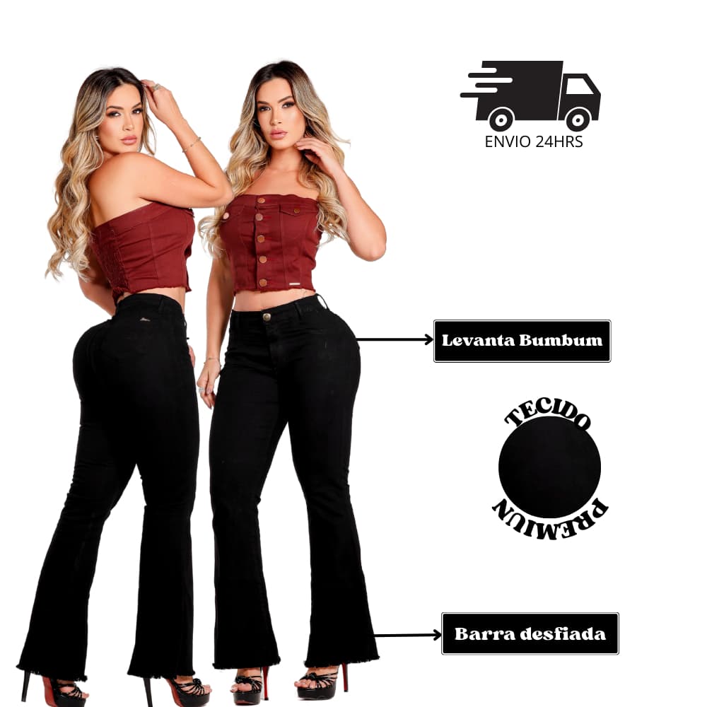 Calça Flare Feminina Preta Barra Desfiada Elastano Modelagem Levanta Bumbum Cintura Alta