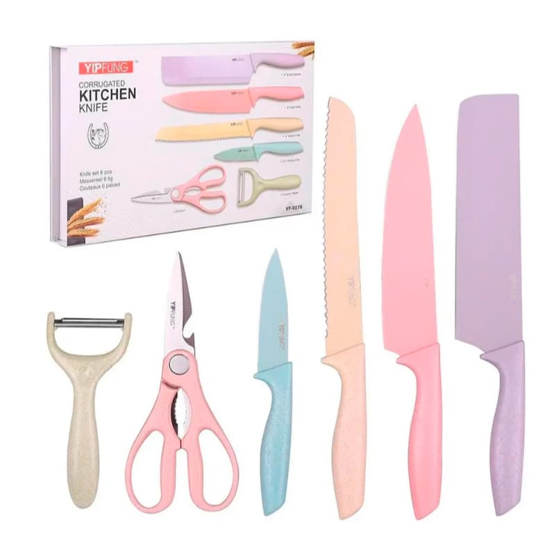 Kit Facas Coloridas 6 Pç de Cozinha/Churrasco Profissional Aço Inoxidável
