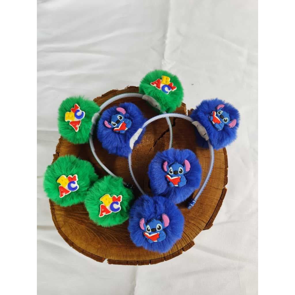 Tiara e Xuxinha Pompom Stitch escolar ABC laço de cabelo infantil