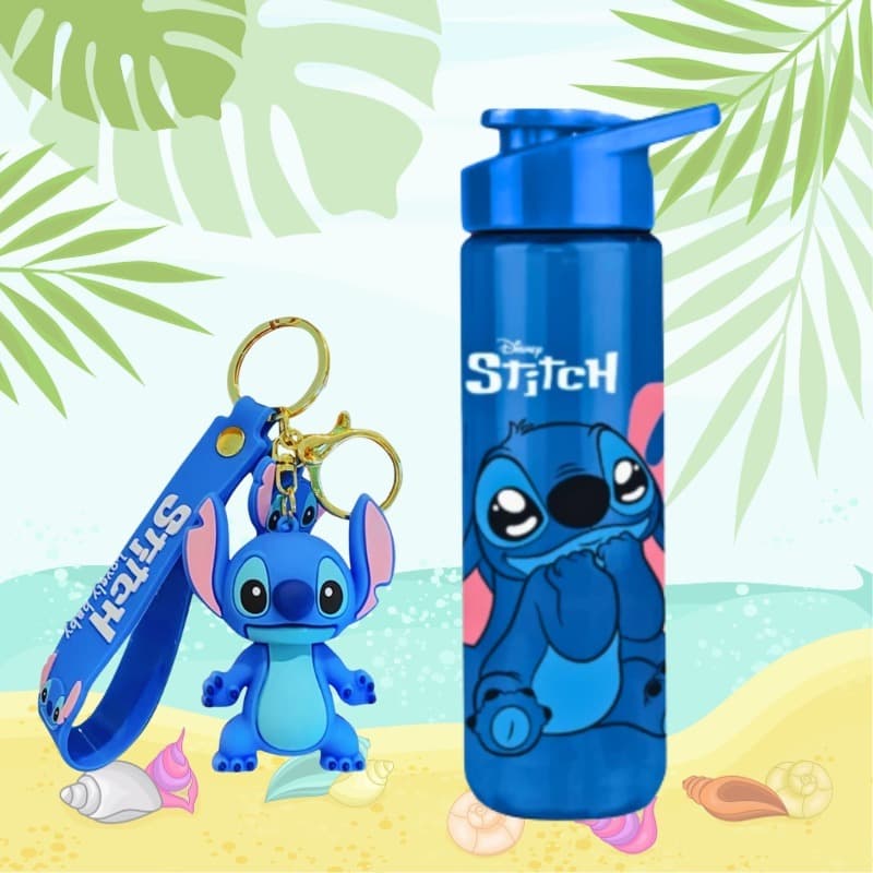 Garrafinha Squeeze Lillo Stitch Com Canudo e Com Chaveiro para Lancheira Lillo Sttitch
