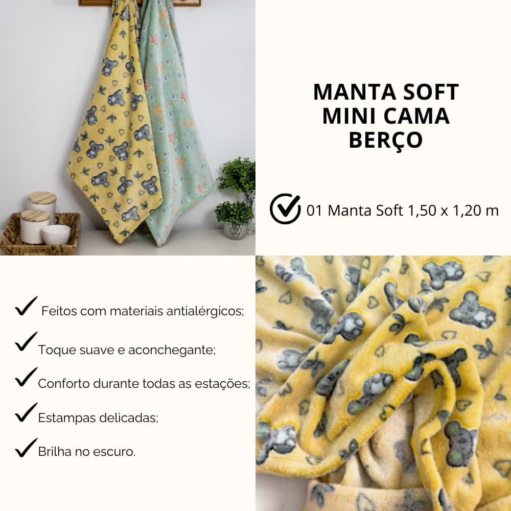 Manta Cobertor Infantil Plush para Mini Cama Berço 1,50 x 1,20 m Bebê Antialérgica Brilha no Escuro