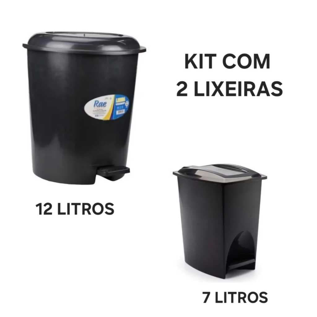 Kit Com 01 Lixeira Retagular 07 Litros  + 01 Lixeira Redonda 12 Litros Com Pedal Praticidade  Elegancia Cozinha Banheiro