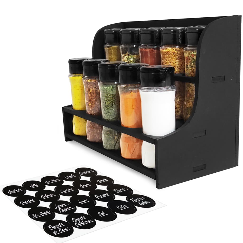 Suporte Tempero Escada Parede ou Bancada com 10 Potes 130ml + Etiquetas Tampa Dupla