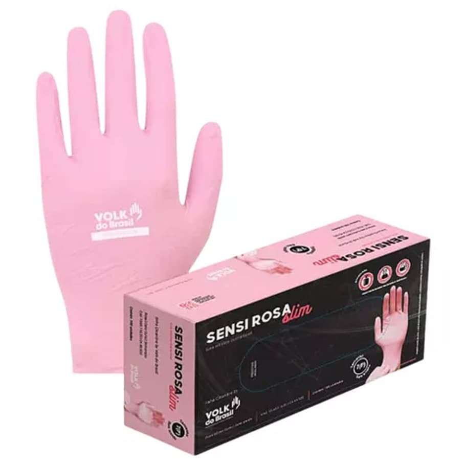Luva Nitrilica Volk Descartável Sensi Rosa Slim Sem Amido CA 49920