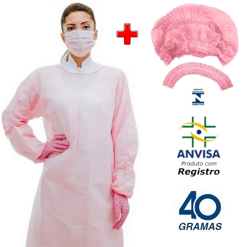 Kit Touca + Avental Descartável M/Longa Rosa TNT com Gr. 40 gramatura