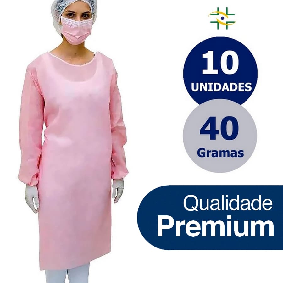 10un. Avental Descartável 40Gr. M/ Longa Rosa TNT com registro ANVISA