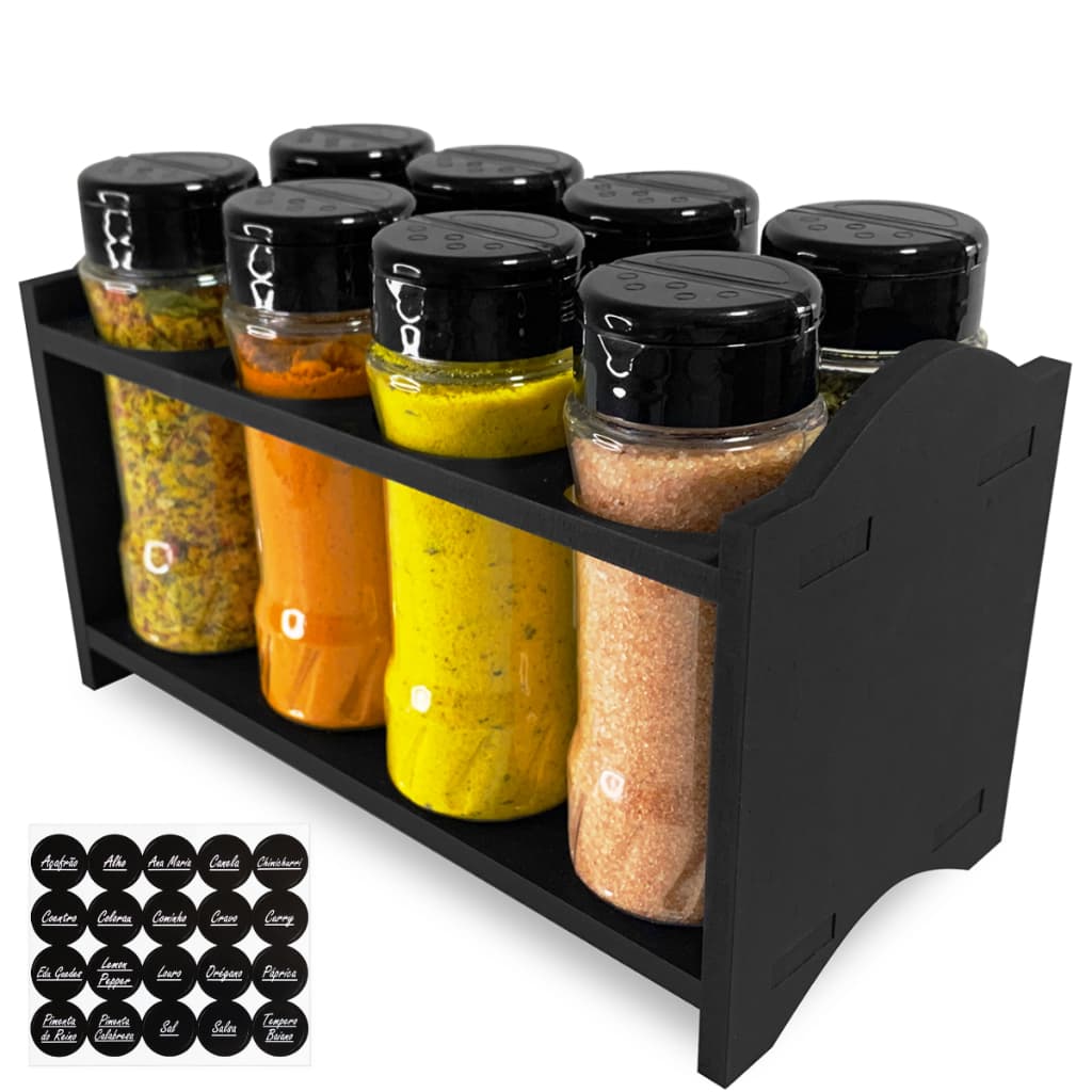 Suporte Berço Tempero Condimentos com 8 Potes 130ml Tampa Dupla + Etiquetas