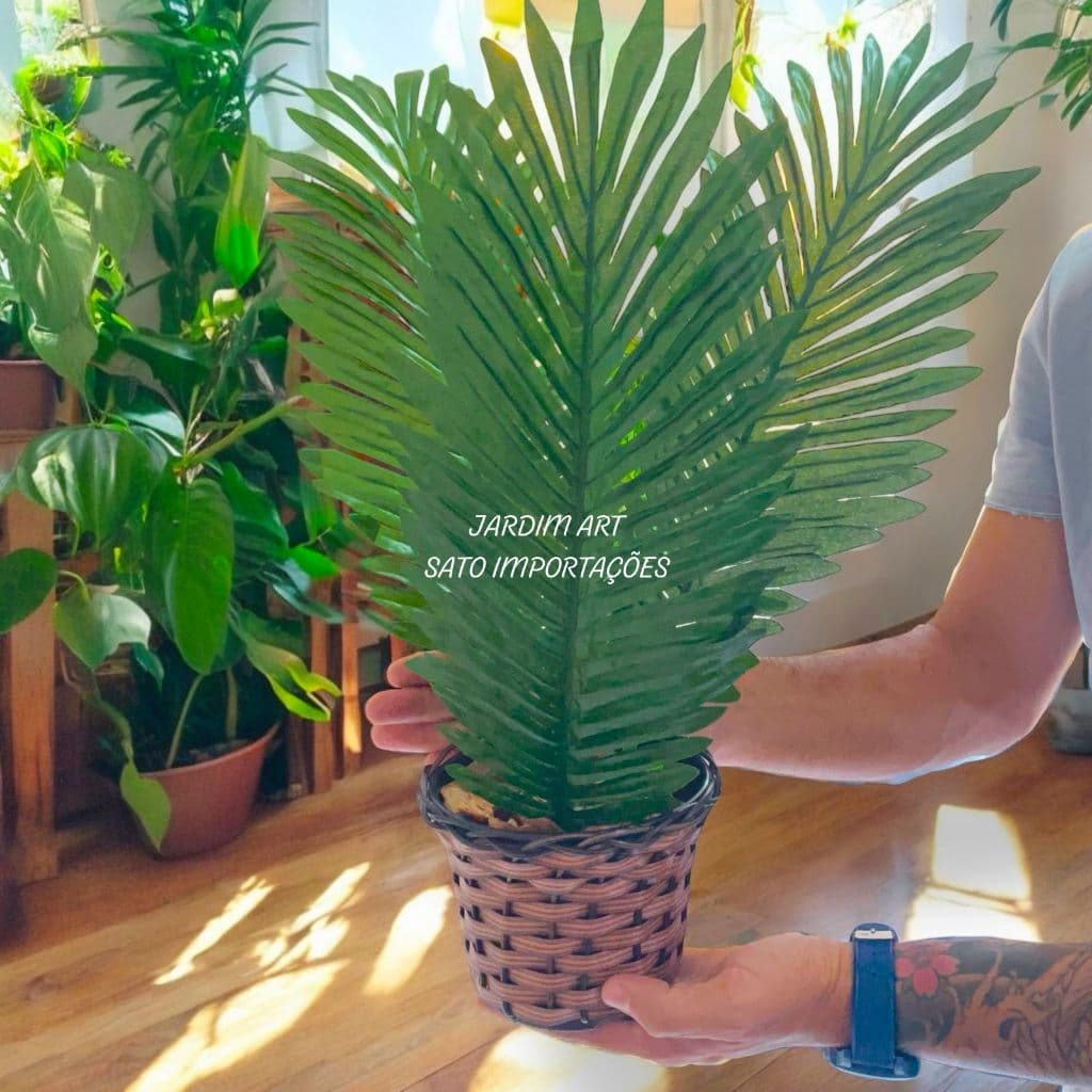 Toque de Natureza! Arranjo 3 Folhas de Palmeira Coqueiro + Vaso trançado+ Casca de Árvore + Argila PT15