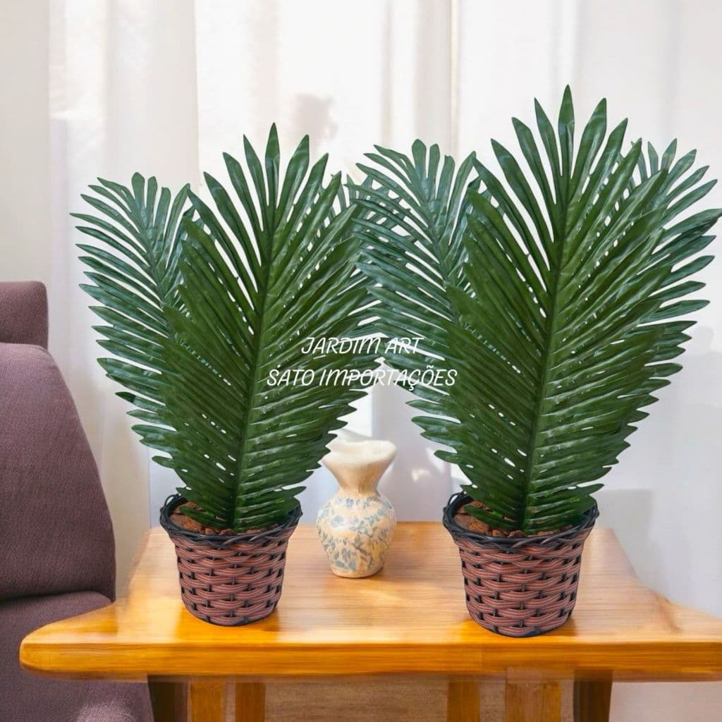 Decoração Sofisticada – kit 2 Arranjo de 3 Folhas de Palmeira Coqueiro + Vaso  trançado + Casca de Árvore + Argila PT15