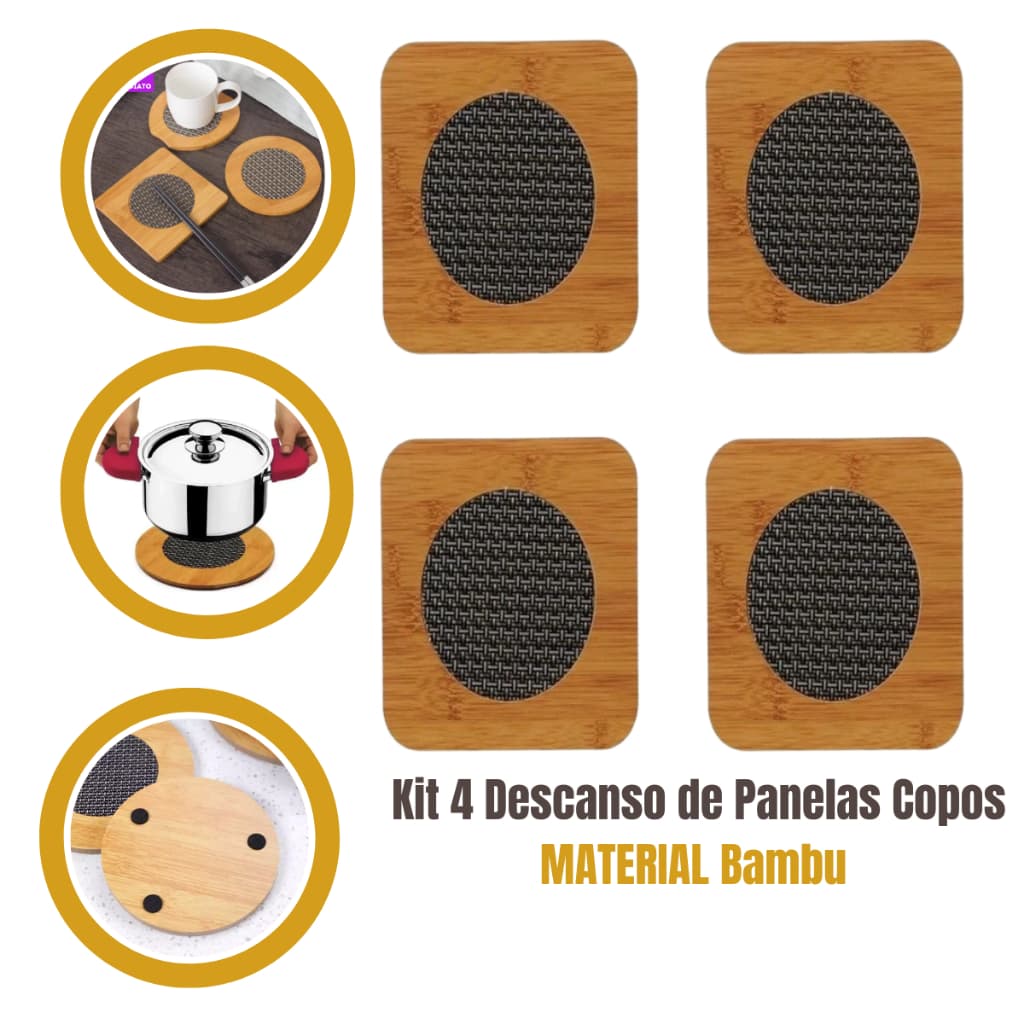 Kit 4 Peças Descanso Utensilio Panela Copos Design Bambu Protege Sua Casa Mesa