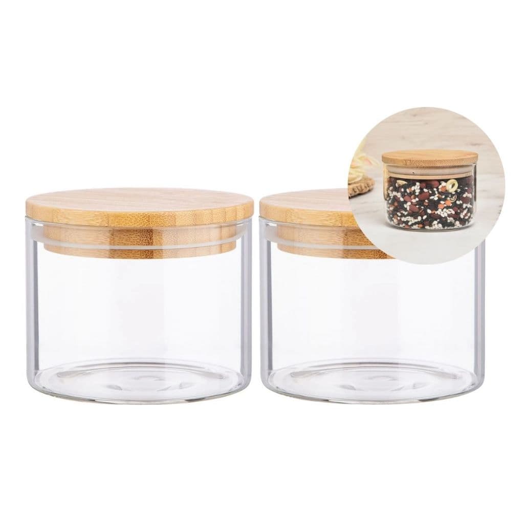 Kit 2 Potes Hermético De Vidro Borossilicato Com Tampa de Bambu Moderno E Luxuoso Organização 500ml