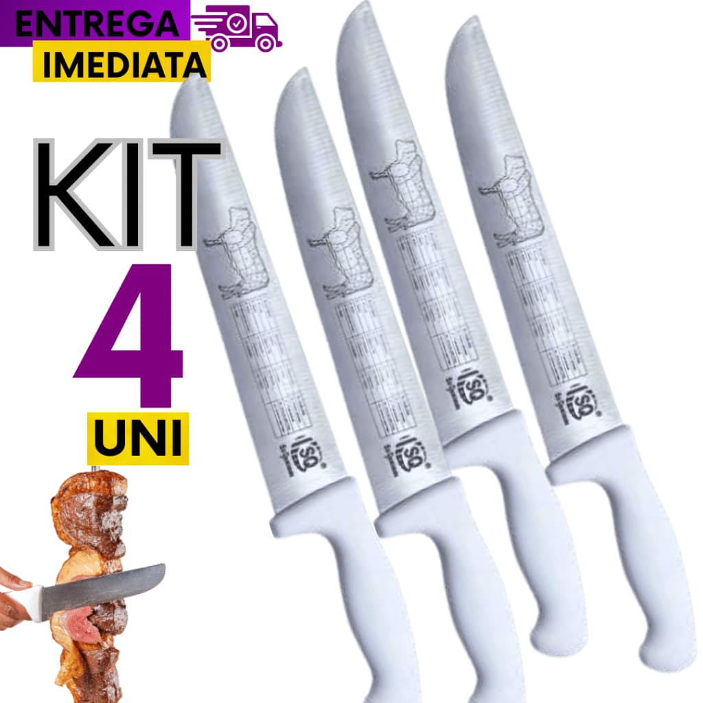 KIT 4 Faca Carne Chef Aço Cabo Branco 38CM Profissional para Açougue Churrasco Facas de Cozinha