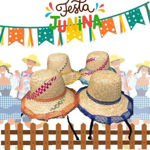 Chapéu De Palha com Renda e Trança Festa Junina - Diversas Cores