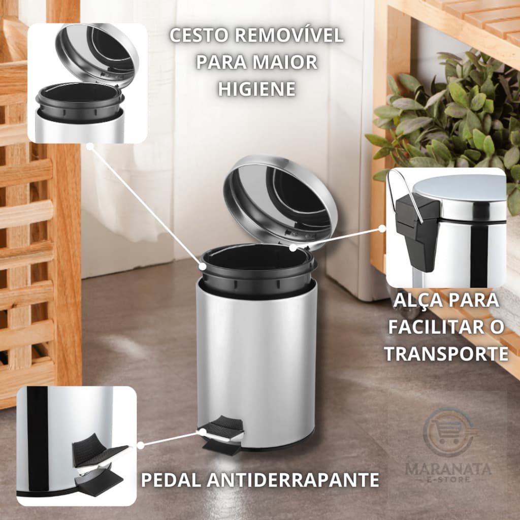 Lixeira Inox Redonda Multiuso Powermaid  Cesto Removível Alça para Transporte Pedal Antiderrapante