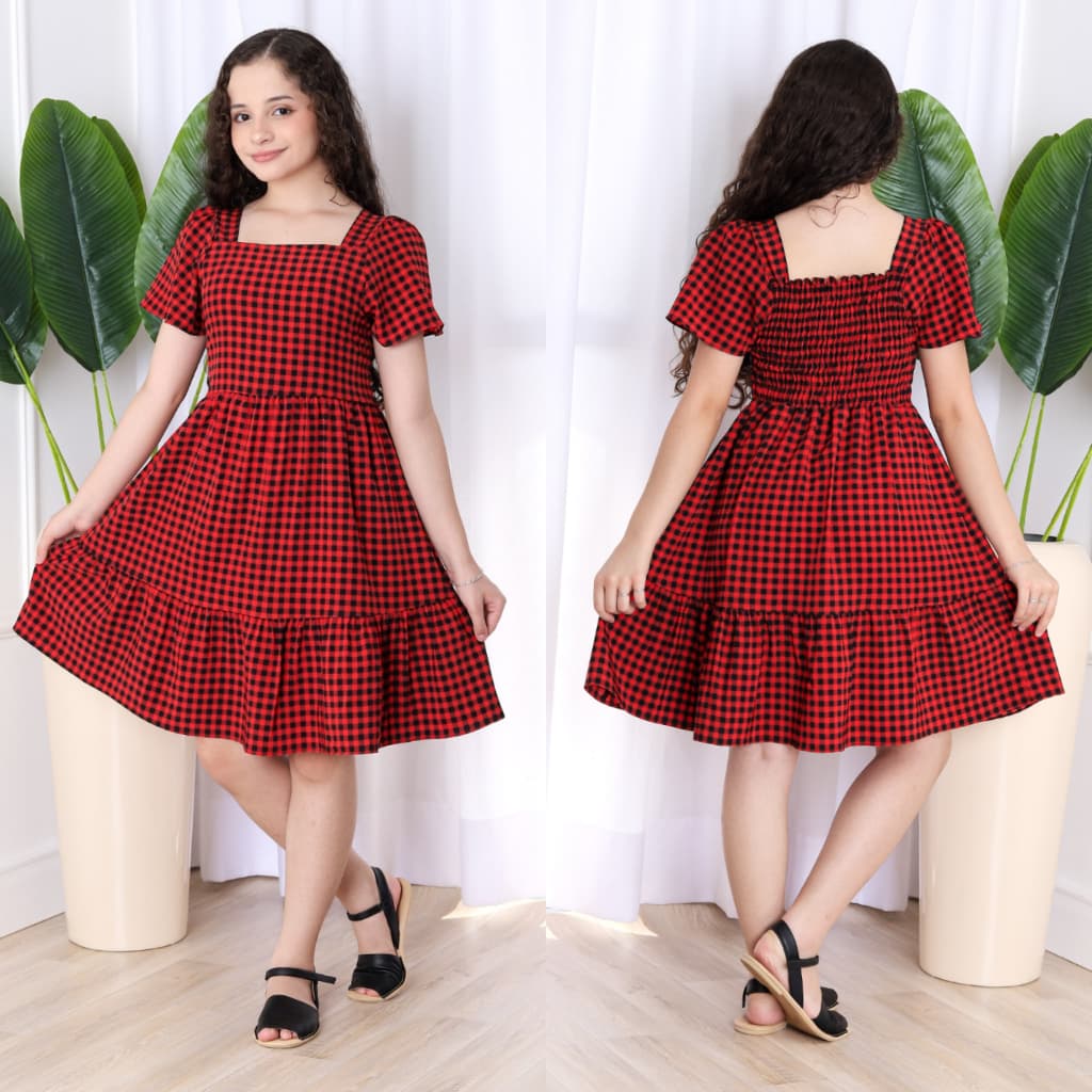 vestido curto de manga curto xadrez infantil/juvenil/meninas