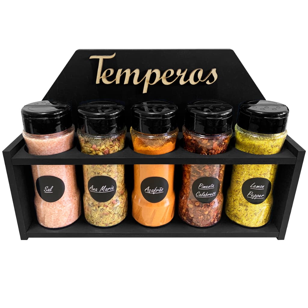 Suporte de Madeira com 5 Potes 130ml Tampa Dupla Temperos Condimentos + Etiquetas