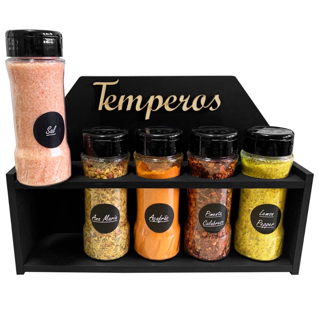 Suporte de Temperos Parede ou Mesa com 5 Potes 130ml Tampa Dupla + Etiquetas