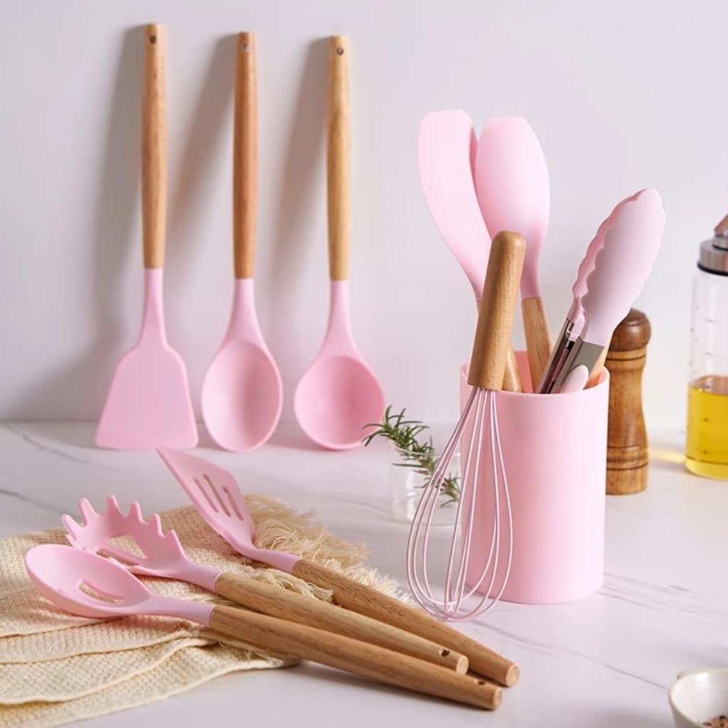 Kit Flórida Utensílios De Cozinha Silicone Cabo Madeira Rosa Kehome
