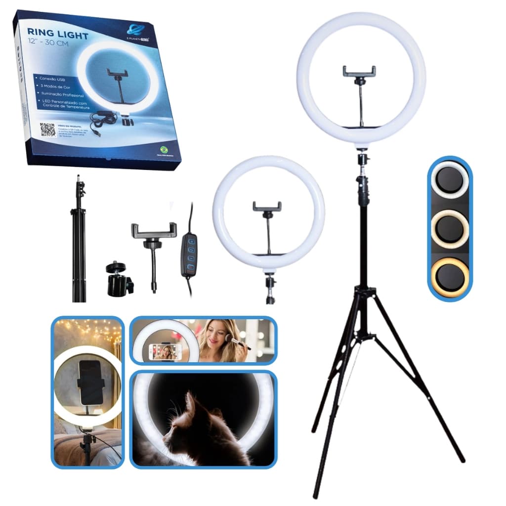Kit Completo Ring Light Profissional 12 polegadas- 30cm C/ Tripé 2,10M