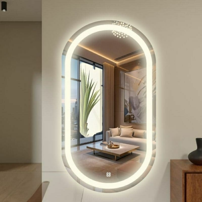 Espelho Decorativo Oval Varios Tamanhos Jateado Com Led 3 tons  Botao Touch Maquiagem Banheiro