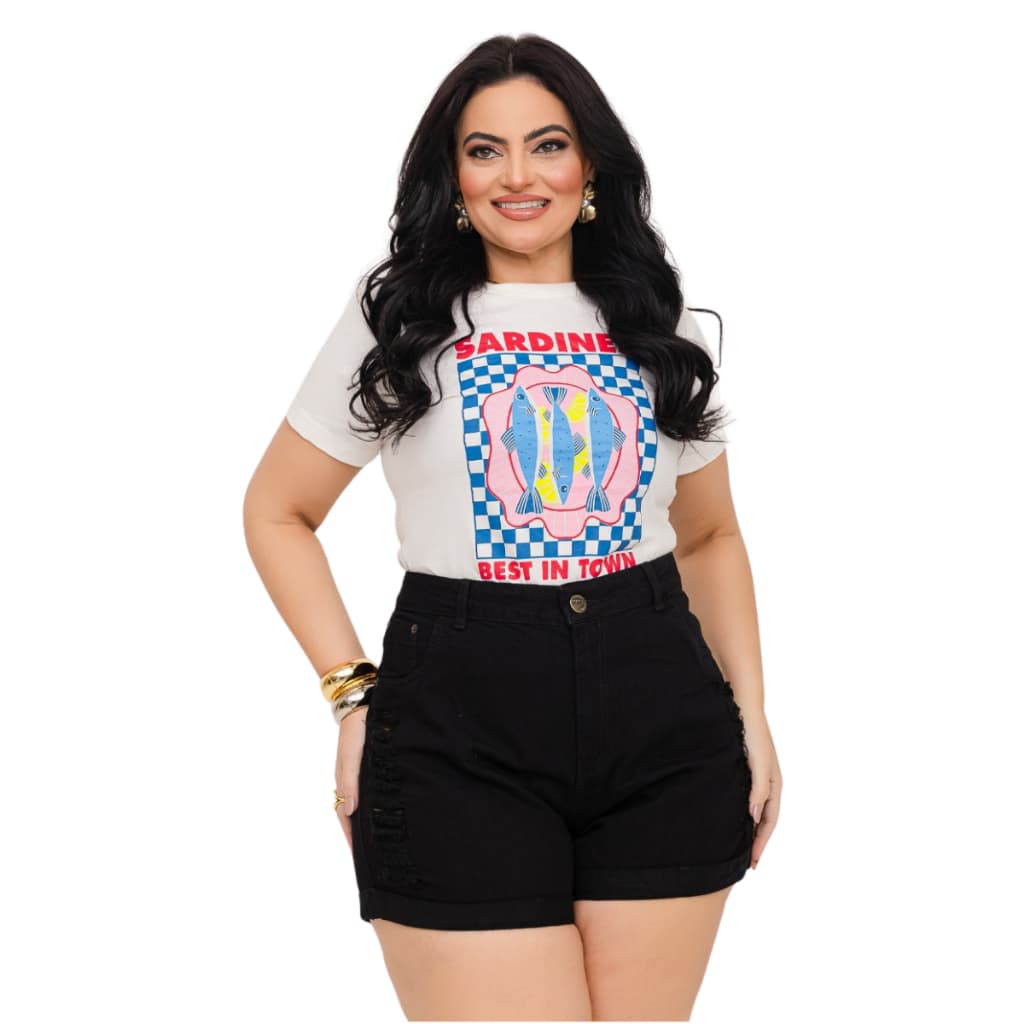 Short Jeans Plus Size Cintura Alta Preto Cós Alto