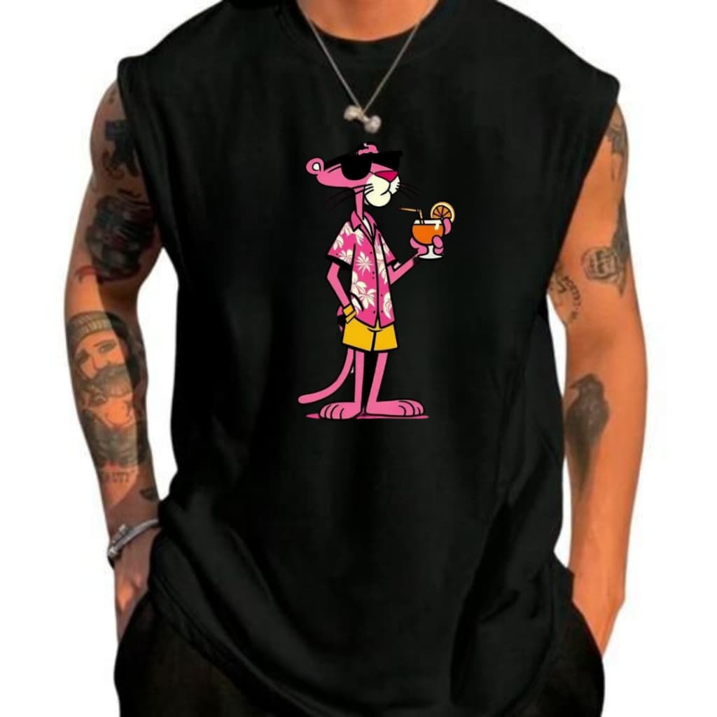 Camiseta Regata Masculina Casual de Estilo de Rua 100% Algodão, Estampa Pantera Rosa Regata com Gola Redonda