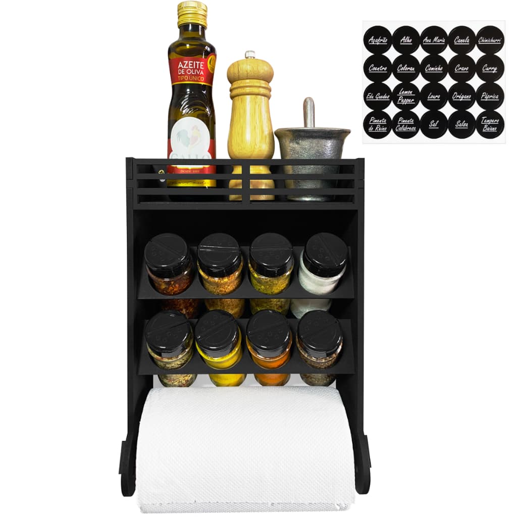 Porta Tempero Parede com 8 Potes 130ml Tampa Dupla + Etiquetas