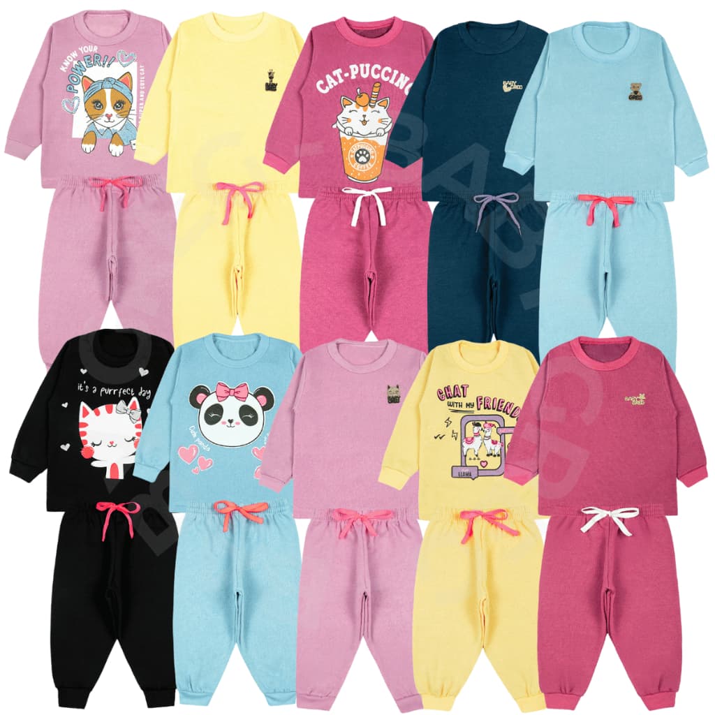 Kit 4, 6 e 10 Peças Conjunto Infantil Inverno Frio Liso e Estampado Menina Moletom (5 Blusas + 5 Calças)