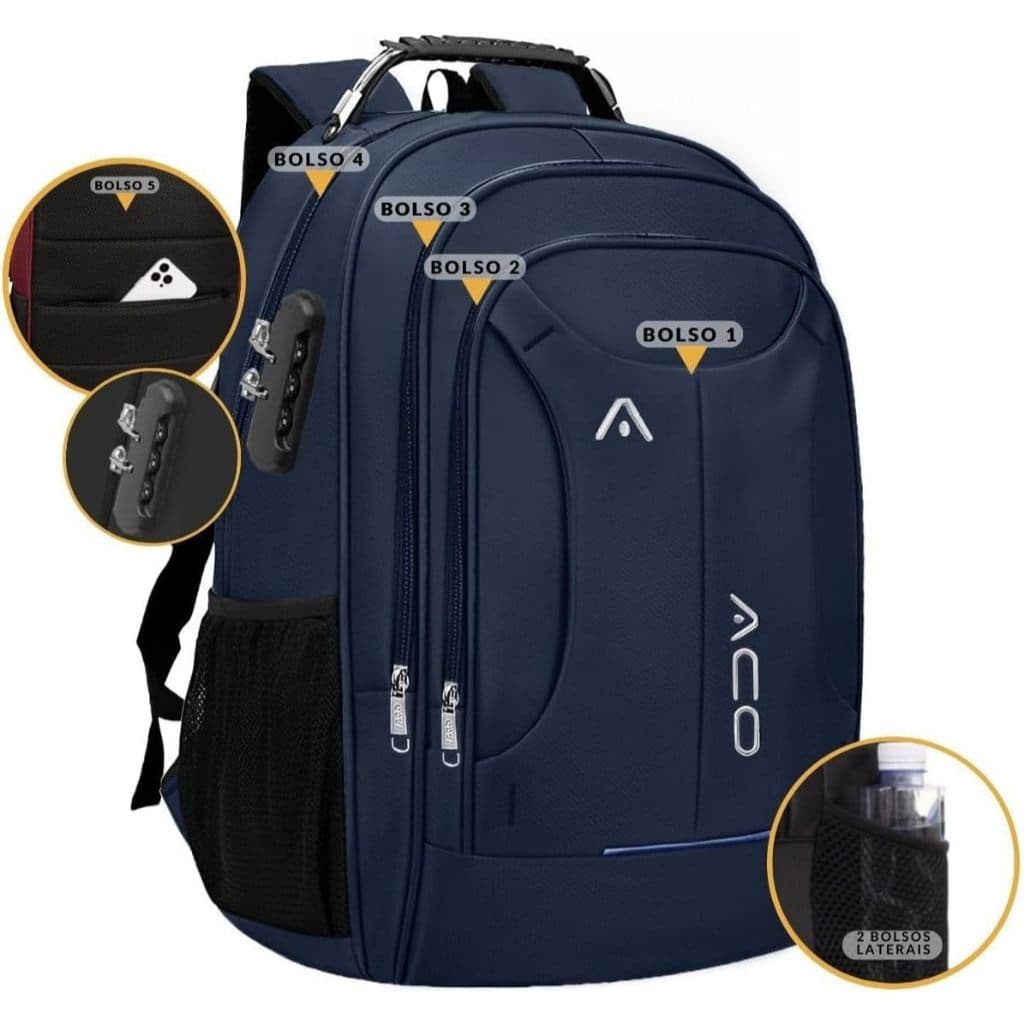 Mochila Grande Reforçada Notebook Escolar Com Senha Entrada P/ USB e Fone de Ouvido Unissex