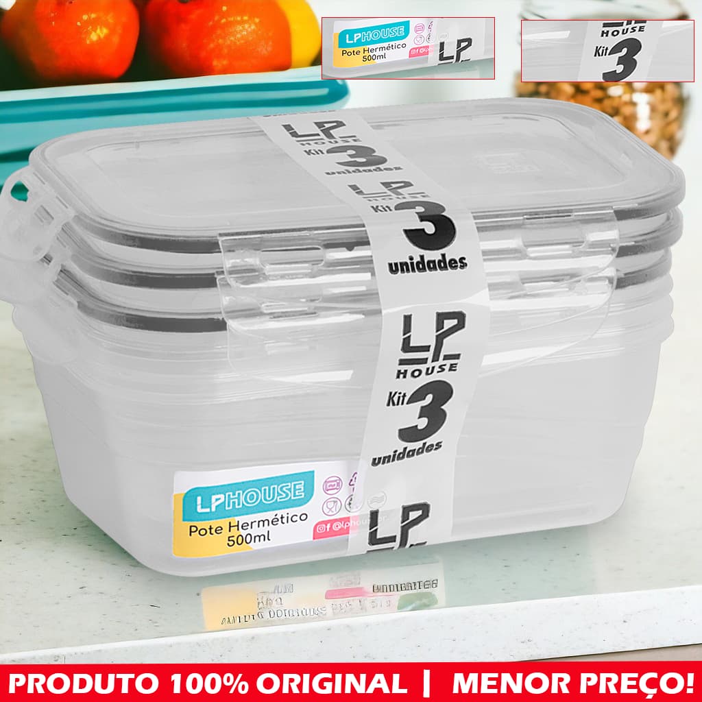 Kit 3 Potes Hermético 500 Ml, Plástico Resistente Tampa Trava Vedação Silicone, Marmita Organizador, Microondas, Freezer